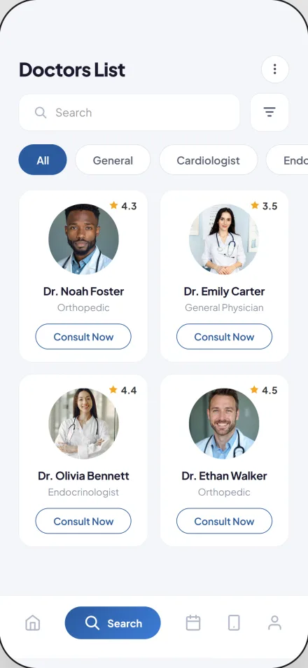 Medical app appointment booking interface